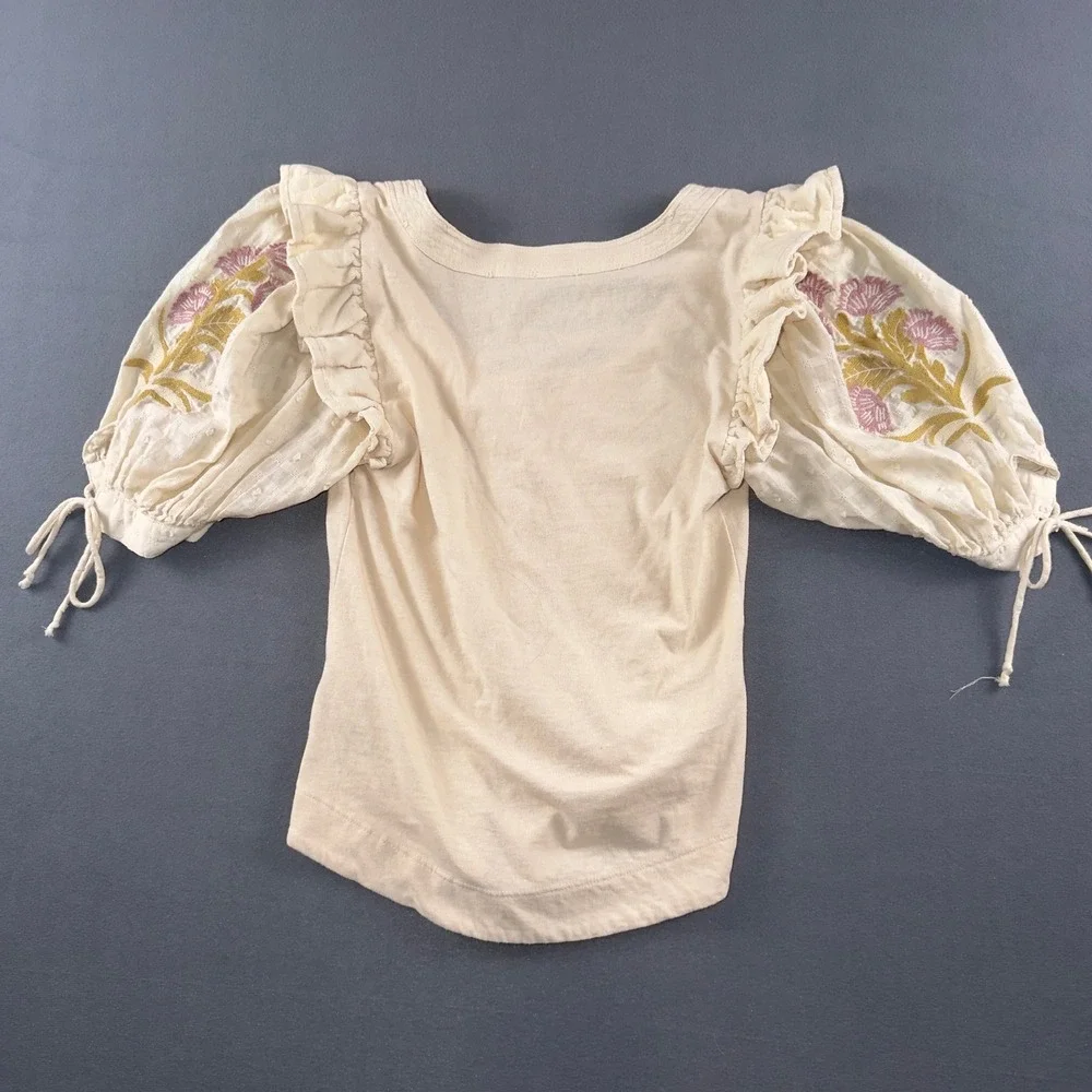 By Anthropologie Embroidered Puff Sleeve Top Cream Floral XS OB2006135